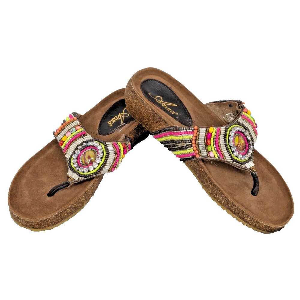 AZURA Sandals EU37 US6.5 Leather Colorful Beads "Diamonds" Great